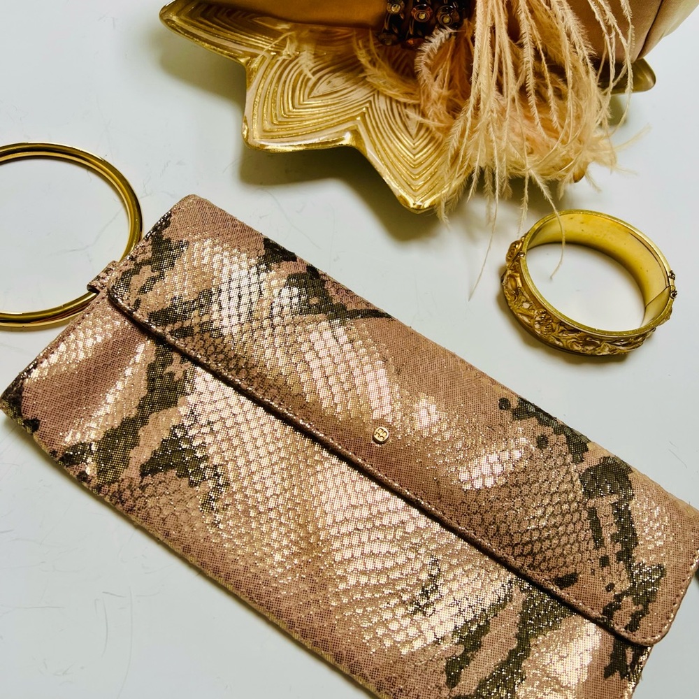 KATE SPADE- Chic Snake Print Clutch with Gold Ring Handle